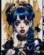 Placeholder: Poster in two gradually, a one side malevolent goth vampire girl face and other side the Singer Melanie Martinez face, full body, painting by Yoji Shinkawa, darkblue and gold tones,