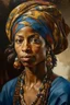 Placeholder: Portrait of Carribbean woman in turban and jewellery style of Claude Monet