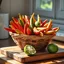 Placeholder: Culinary still life rendered full-screen, sidelit by sunlight streaming in the kitchen window, sharp-focus, macro-view, very close-up and in watercolor. The subject of the frontal-viewed still life is a woven water hyacinth basket filled with an array of elongated, narrow, oblong finger limes tapering at both ends, in the colors red, dark green, reddish-brown, light green and yellow-green. A single finger lime lies outside the basket on a wooden cutting board along with a small, weathered paring