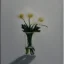 Placeholder: tiny oil painting of single long stem pressed flower, white canvas, modern frame, shadows, ghostly, melancholy, tender, moody, vintage, delicate arrangement, beautiful composition, etsy, aesthetic layout, plain solid white background