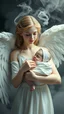 Placeholder: A beautiful female angle all white with wings she has a beautiful sad face carrying a beautiful baby and look at the Baby with love all white form formed from white smoke