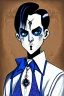 Placeholder: black haired blue eyed young man necromancer with gothic jewelry in the style of charles addams