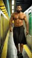 Placeholder: full figure photography of an ugly arab burly muscular strong man 27 years old with long goatee, short hair, sweat, completely wet, big shoulders. manly chest, hairy , ajar mouth, photorealistic ,shirtless, bulging shorts, barefeet, side light, inside a crowded subway station , neon lights