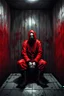 Placeholder: A scary gothic person sits quietly in the middle of a soundproof, padded room conveying intense dramatic emotions in a muted environment, wearing a bright red straitjacket , a mask to cover the mouth area of cannibal evil scary, dark and gothic look, cold eyes, eary ultra detailed,.32k, digital art style with messy paint, hardened sealer appearance, impasto, dramatic Arial view with explosive chaotic background