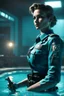 Placeholder: police woman in cyan pool in fallout 4 setting, bokeh, downlight, prize winning, depth of field, in the style of ivo caprino, backlight, aura