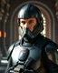 Placeholder: star wars bald male corellian pilot wearing pearlescent black and gunmetal grey First Order special forces heavy assault stealth commando armor and helmet with gold and metallic red trim inside the jedi temple, hyperdetailed, dynamic lighting, hyperdetailed background, 8k resolution, volumetric lighting, light skin, fully symmetric details