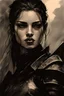 Placeholder: A formidable warrior girl in black armor, on the background Amazing gloomy landscape, flooded with sunset, mountains, trees, fabulous scary hero, , juicy emotions, painting, dark fantasy, gloomy day, dark world, portrait, A Quick Pencil Sketch Of A Portrait Of A 20 Years Old Woman; By Alex Maleev