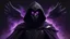 Placeholder: Dark hooded figure, mysterious, evil, black smoke, dark background, glowing eyes, purple, cyberpunk dystopian armor, battle stance, wings, powerful, cyberpunk mask, black robe cape, pure dark energy, black clean background, side profile face view, dark purple, realistic