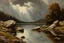 Placeholder: Cloudy day, lake, rocks, 2000's sci-fi movies influence, friedrich eckenfelder, and pieter franciscus dierckx impressionism paintings