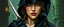 Placeholder: pen outline and airbrush, upper body portrait of clever crow vintage cloaked assassin thief quickling juggler weird pretty woman with Damascus steel sacrificial dagger in then elven magical green city of Forgotten Realms, myth drannor