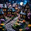 Placeholder: Detailed cozy street made of modeling clay, village, naïve, Tim Burton, flowers, galaxies, stars and planets, Harry Potter, strong texture, extreme detail, decal, rich moody colors, sparkles, clean, bokeh, odd