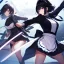 Placeholder: Clear focus,High resolution, Black short fluffy hair, and purple eyes, wearing a maid outfit, must wear a short skirt, holding a glowing katana, fighting stance