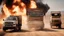 Placeholder: 4k photorealism: A damaged truck after an explosion on a dirt road, set against a vast background. Capture the scene with an extreme long shot, using an aperture of f/11, a 24mm lens, and take advantage of natural daylight.