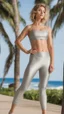 Placeholder: satin yoga leggins, satin yoga top, medium length wavy bob haircut, total body, sneakers