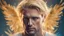 Placeholder: blond man, 35 years old, sad angel, fine rendering, high detail, 8K, bright colors, HD photography, gold, flying feathers, double exposure