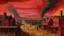 Placeholder: A dark reddish magenta western town covered in smoke painted by Vincent van Gogh