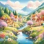 Placeholder: Children's illustration create an enchanting scene of a special town nestled between hills and streams, show full body diverse only animals of different colours and sizes live harmoniously no people or children. Illustrate the lively atmosphere with animals engaged in playful activities and exploration. Capture the sweetness of blooming flowers and the gentle swaying of trees in the wind, evoking a magical and inviting ambiance.