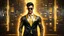 Placeholder: Hyper Realistic handsome muscular Electric-Superhero with short-black-hair wearing long-fancy-yellow-tuxedo-with-golden-circuit-patterns, Black-shirt & Golden-electric-tie & fancy-golden-sunglasses in a dark-rustic-circuit-room with electric-sparks-&-rays & a massive circuit-board-wall with-glowing-embers showing dramatic & cinematic ambiance.