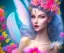 Placeholder: beautiful bright fairy portrait who smiles with long hair, thin face, two hands, two transparent wings on her back in a pink,blue, yellow flowers background,