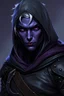 Placeholder: male Drow rogue from dungeons and dragons, his skin is of a very dark purple almost black, white short hair, undercut, piercing violet eyes, wearing leather clothing that also looks studded, realistic, digital art, high resolution, strong lighting, wearing a hood