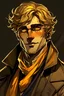 Placeholder: Dnd, rpg, human, male, late 20s, golden hair, short hair, wavy hair, victorian, theif, dark orange scarf, brown vest, black wool blazer, bright blue eyes, facial stubble, content, tapered jaw