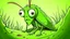 Placeholder: fantasy cartoon style illustration: sad green grasshopper hopped out of his burrow