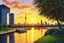 Placeholder: sunset, buildings, lake, rocks, city, park, trees, cyberpunk, sci-fi, paul gauguin, and claude monet impressionism paintings