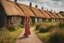 Placeholder: Full body shot of a tall slim pretty, red-headed young woman, dressed in a long flowing colourful dress, standing in front of a row of cottages and shops with thatched roofs, casting runes in the air