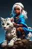 Placeholder: a cute eight-year-old female sorceress, black skin, with straight snow white hair tied in a braid, blue eyes, riding on the back of a giant furry leopard cat