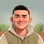 Placeholder: a portrait of smiling young western man. caricature. black hair. short buzz cut hair style. light skin. dark eye pupils. small eyes. black thick eyebrow. small round chubby face shape. a bit small goatee, without moustache. white sweater hoodie. pixar style. 3D. 4k. portrait. highly detailed. sharp focus. high resolution. full color. cinema lighting