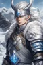 Placeholder: in anime style, 1man, a man with blue eyes and silver hair man in silver Viking armor with fur around the neck with blue crystal on his chest holding an axe in his hands standing on a pirate ship in the artic, warrior in anime style,