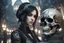 Placeholder: Beautiful girl with skull in her face in 8k nier automata artstyle, anime them, hollow knight Custom, close picture, rain, fantasy world, intricate details, highly detailed, high details, detailed portrait, masterpiece,ultra detailed, ultra quality