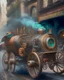 Placeholder: an ultra detailed photograph of many different types of steampunk cars in a steampunk street, with steam-powered contraptions in the street, by John Constable, Rachel Ruysch, generative art, intricate patterns, colorful, photorealistic