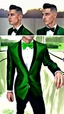 Placeholder: Handsome male model aged 20 hair cut short at the sides and longer on top wearing a tuxedo with a green cumberband and bow tie. Hyperrealistic 4k dark fantasy