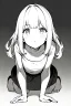 Placeholder: little blonde girl crouched down., grayscale