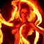 Placeholder: woman made of fire, succubus, fire clothes, full body portrait, long flowing hair, only wearing bikini made of fire, highly detailed, real life photo, photo quality, extremely detailed, high quality, standing in fire, highly detailed face with makeup