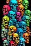 Placeholder: a stack of 1000 nearly anatomically correct cartoonish skulls, vivid colors, dark comedy, well lit, high detail,