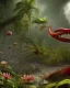 Placeholder: large venus fly trap with teeth eating a dragonfly, flowers, jungle, hyperrealistic, trees in background, digital art, alien like, disgusting, intricate, morbid, rainy, sinister, volumetric lighting, unreal engine, high resolution, 8k, depressing colors, dark colors, horror, horrific,