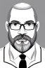 Placeholder: black and white,real estate agent,bald white male with grey beard,55 years old,metal frame glasses,, necktie,portly,detailed drawing,white background