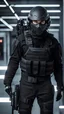 Placeholder: teenager male dressed with futuristic black tactical gear