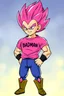 Placeholder: Vegeta from DBZ, 90s, wearing a Pink tshirt named "BADMAN", standing with a smirk smile