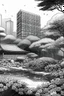 Placeholder: Tokyo garden in Spring abstract pencil black and white STYLE OF HIROKU OGAI