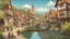 Placeholder: medieval village on a lake with bridges, people, balconies, trees