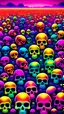 Placeholder: a field of 1000s of psychedelic psilocybin induced anatomically correct, skulls, vivid RANDOM BRIGHT neon colors, dark comedy, well lit, high detail, photorealistic, horrorcore, fun, scary, none featured, each a different color or hue, close to anatomically correct