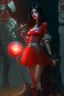 Placeholder: A young dark-haired witch in a red low-cut short skirt, standing under a tree, with a sword on her hip, glowing ball in her hand, photorealistic, delicate detail.