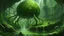 Placeholder: A surreal, alien landscape dominated by a giant, green, bulbous creature with thick, root-like appendages. Surrounding it are numerous smaller, spherical creatures with multiple spindly legs, resembling alien spiders. The environment is lush and overgrown with moss and strange vegetation, with a shallow, reflective pool of water in the foreground. The overall mood is dark, mysterious, and slightly unsettling, with a muted green and brown color palette.