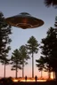 Placeholder: school kids see a saucer shaped ufo flying over tall pine trees, near a high voltage powerline with (three lights underneath) and lots of lights all around the edge, the year is 1966 in color, concept art, by Asaf Hanuka, by Weta Digital, Electric Colors, Screen Space Global Illumination, in a symbolic and meaningful style