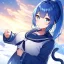 Placeholder: Clear Focus, High resolution, a girl in the snow, wearing a sailor uniform, cat tails and a long ponytail, blue hair