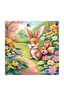 Placeholder: The beautiful butterfly happily sits on a upclose patch of bright green leaves, the bunny and squirrel laughing, colorful garden background , child book illustration style, faces must be the same as reference image