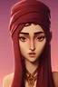 Placeholder: Arab young woman, 20 years, roman nose, slim face, brown eyes, very long smooth hair, wear red dress, smooth white skin, fantasy, turban, happy, facing forward. complete slim body, desert background, at sunset, looks forward, shows all the details of the face.